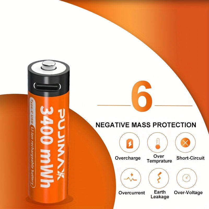 【AA/AAA Rechargeable Li-ion Battery Set 】PUJIMAX AA3400mWh+AA1100mWh 1.5V lithium battery TYPE-C interface, suitable for mouse, game controller, remote control, alarm clock, flashlight, electronic scale, toy. 【 Comes with data cable and box