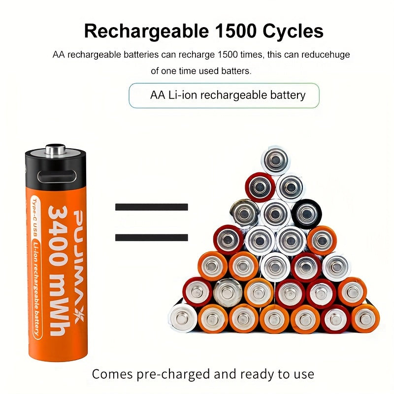 【AA/AAA Rechargeable Li-ion Battery Set 】PUJIMAX AA3400mWh+AA1100mWh 1.5V lithium battery TYPE-C interface, suitable for mouse, game controller, remote control, alarm clock, flashlight, electronic scale, toy. 【 Comes with data cable and box