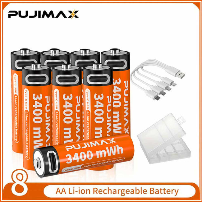 PUJIMAX 12/8 packs New Energy AA 3400mWh lithium battery, Type-C port rechargeable battery, 1500 cycles of use, mandatory for home/office use Main Image