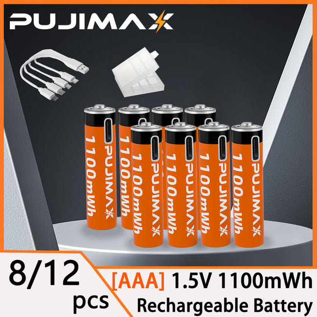 PUJIMAX 12/8 packs New Energy AAA 1100mWh lithium battery, Type-C port rechargeable battery, 1500 cycles of use, mandatory for home/office use Main Image