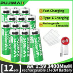 PUJIMAX 12/8/6/4 AA lithium-ion batteries 1.5V 3400MWh capacity TYPE-C interface USB charging, suitable for mouse, game controller, remote control, audio system, alarm clock, flashlight, electronic scale, toys. [Comes with data cable and box]