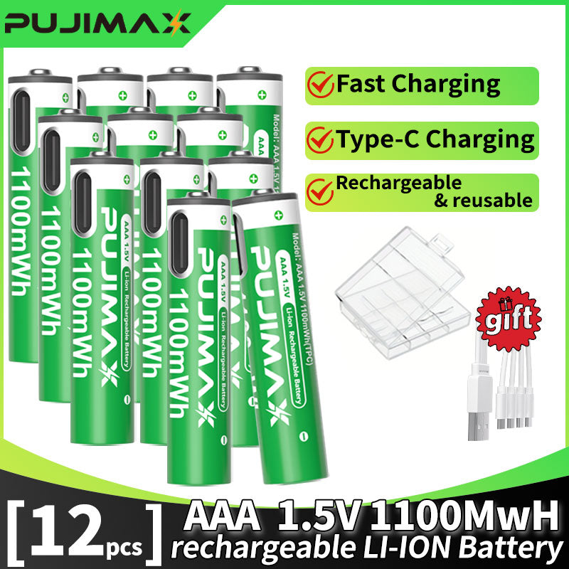 PUJIMAX 12/8/6/4 AAA lithium-ion batteries 1.5V 1100MWh capacity TYPE-C interface USB charging, suitable for mouse, game controller, remote control, audio system, alarm clock, flashlight, electronic scale, toys. [Comes with data cable and box]