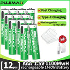 PUJIMAX 12/8/6/4 AAA lithium-ion batteries 1.5V 1100MWh capacity TYPE-C interface USB charging, suitable for mouse, game controller, remote control, audio system, alarm clock, flashlight, electronic scale, toys. [Comes with data cable and box]