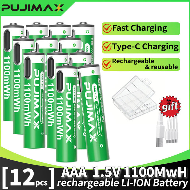 PUJIMAX 12/8/6/4 AAA lithium-ion batteries 1.5V 1100MWh capacity TYPE-C interface USB charging, suitable for mouse, game controller, remote control, audio system, alarm clock, flashlight, electronic scale, toys. [Comes with data cable and box] Main Image