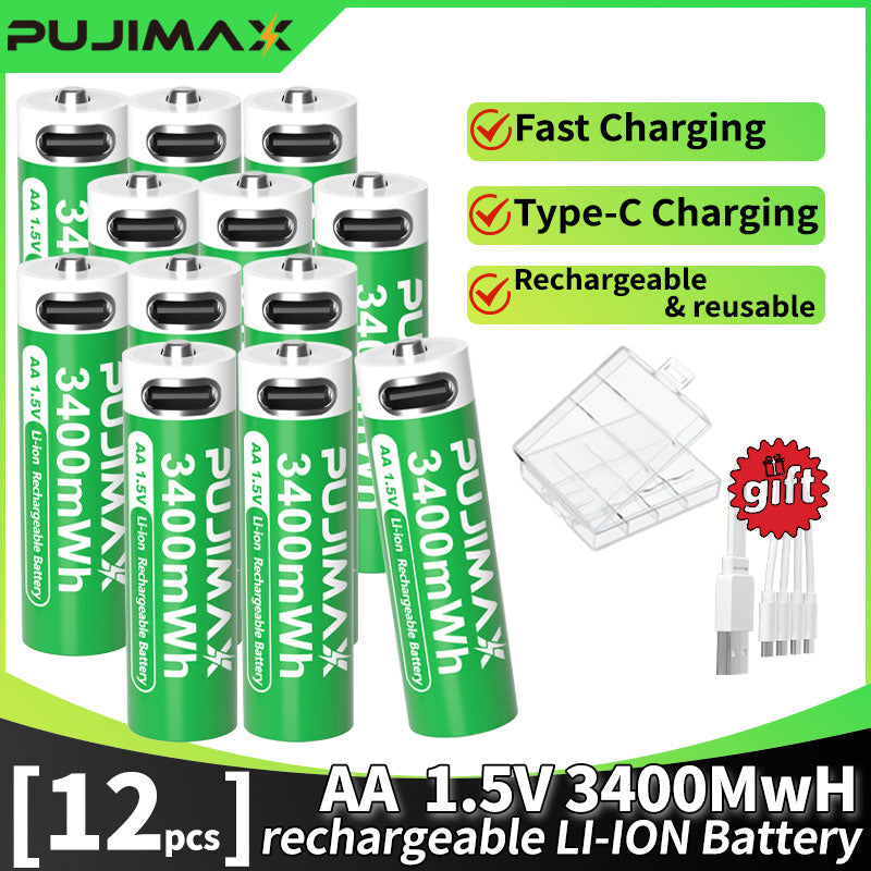 PUJIMAX 12/8/6/4 AA lithium-ion batteries 1.5V 3400MWh capacity TYPE-C interface USB charging, suitable for mouse, game controller, remote control, audio system, alarm clock, flashlight, electronic scale, toys. [Comes with data cable and box]