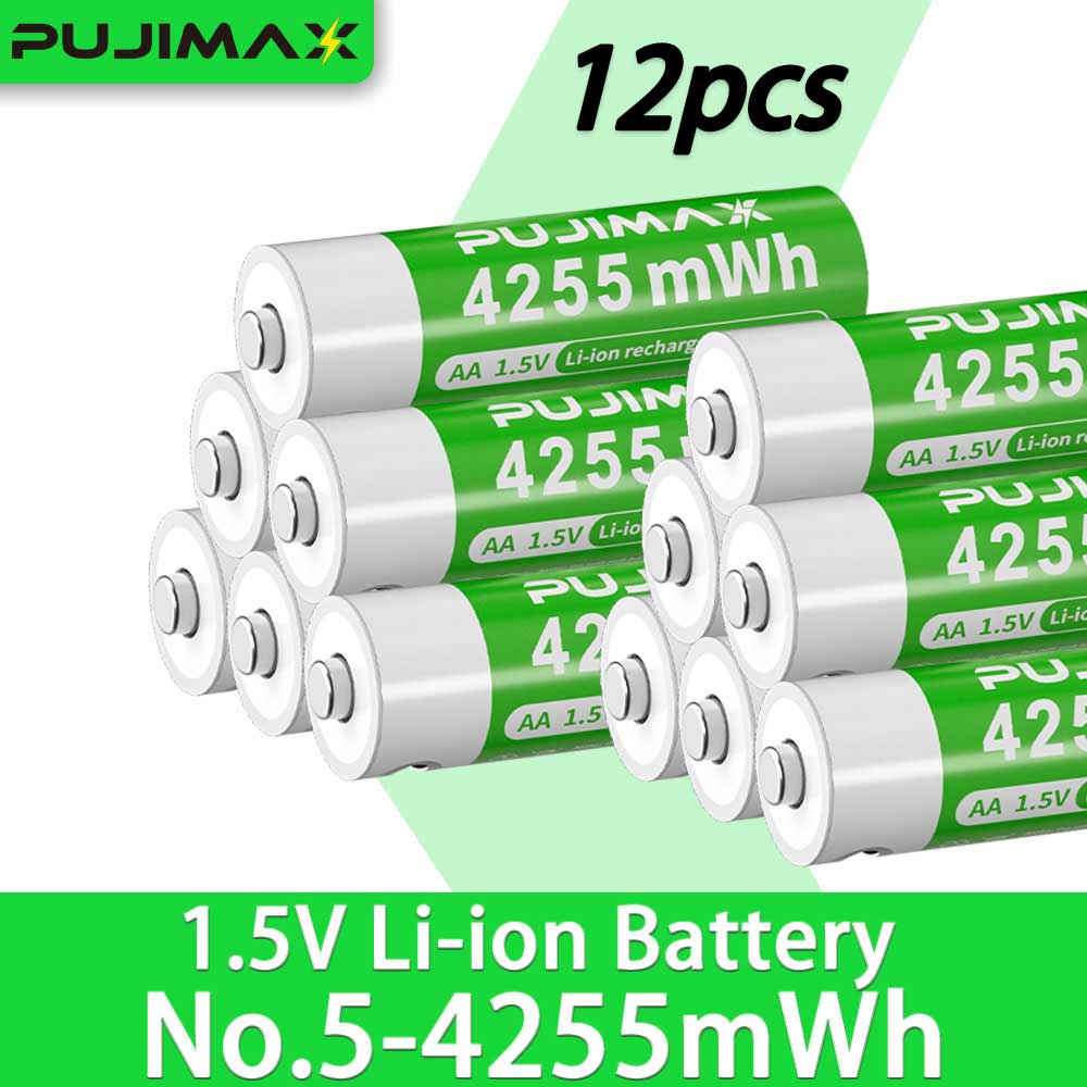 PUJIMAX 12/8/6/4 AA lithium-ion batteries 1.5V 4255MWh capacity TYPE-C interface USB charging, suitable for mouse, game controller, remote control, audio system, alarm clock, flashlight, electronic scale, toys. [Comes with data cable and box]