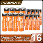 【AA/AAA Rechargeable Li-ion Battery Set 】PUJIMAX AA3400mWh+AA1100mWh 1.5V lithium battery TYPE-C interface, suitable for mouse, game controller, remote control, alarm clock, flashlight, electronic scale, toy. 【 Comes with data cable and box