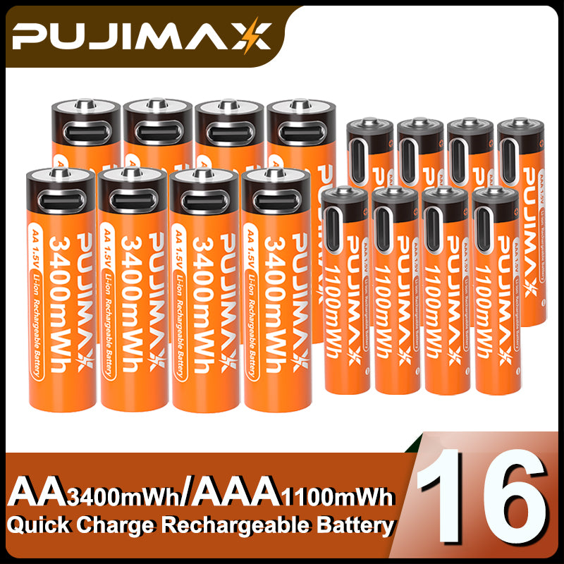 【AA/AAA Rechargeable Li-ion Battery Set 】PUJIMAX AA3400mWh+AA1100mWh 1.5V lithium battery TYPE-C interface, suitable for mouse, game controller, remote control, alarm clock, flashlight, electronic scale, toy. 【 Comes with data cable and box