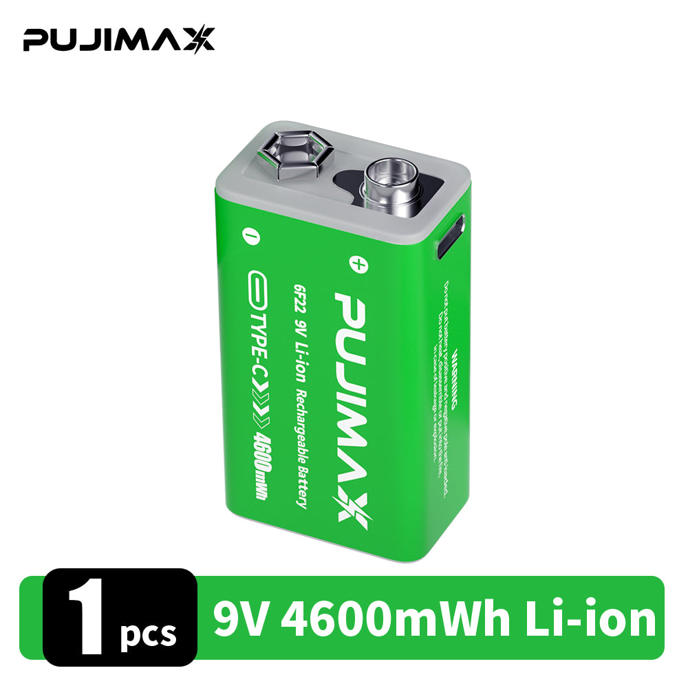 PUJIMAX 1/2/3/4/6 9V side port batteries,TC 9V li-ion rechargeable battery, high-capacity 9V 4600MWh , 1.5-hour fast charging, 1200 cycles, with Type-C charging cable, suitable for devices such as wireless microphones and multimeters