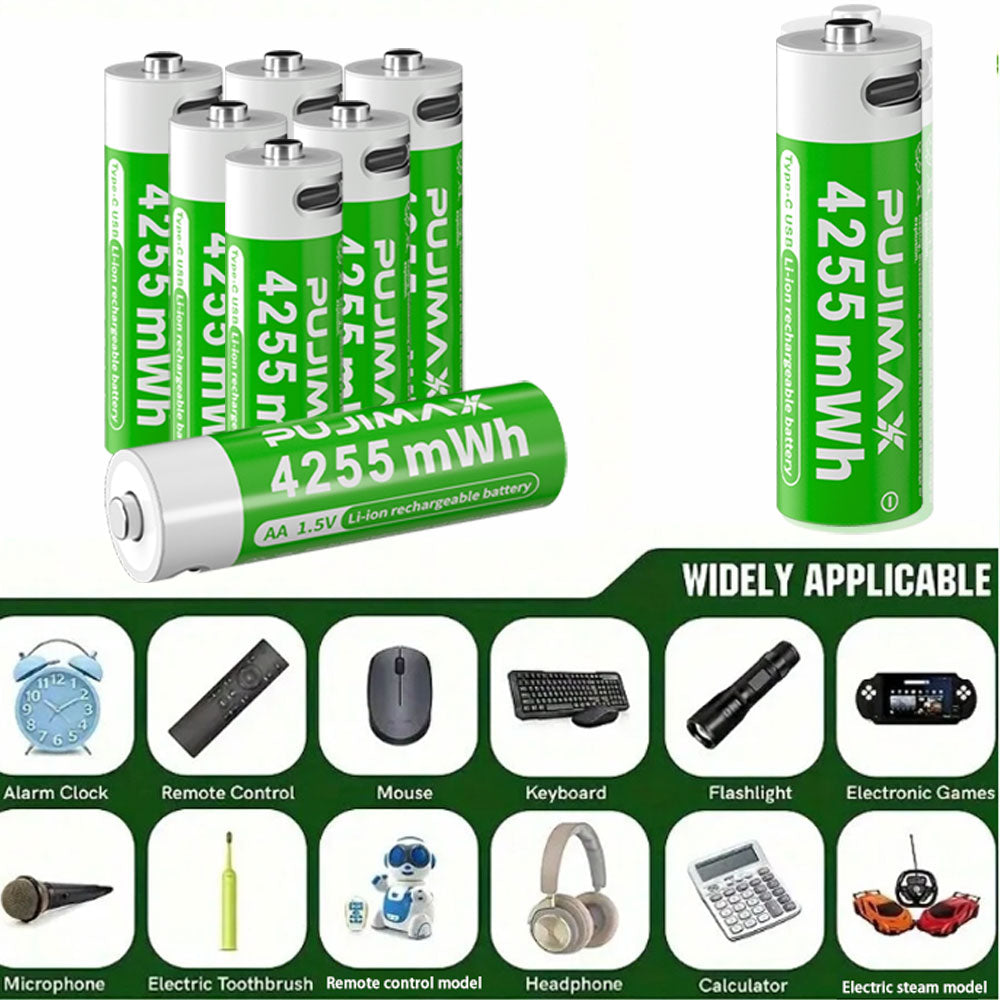 PUJIMAX 12/8/6/4 AA lithium-ion batteries 1.5V 4255MWh capacity TYPE-C interface USB charging, suitable for mouse, game controller, remote control, audio system, alarm clock, flashlight, electronic scale, toys. [Comes with data cable and box]