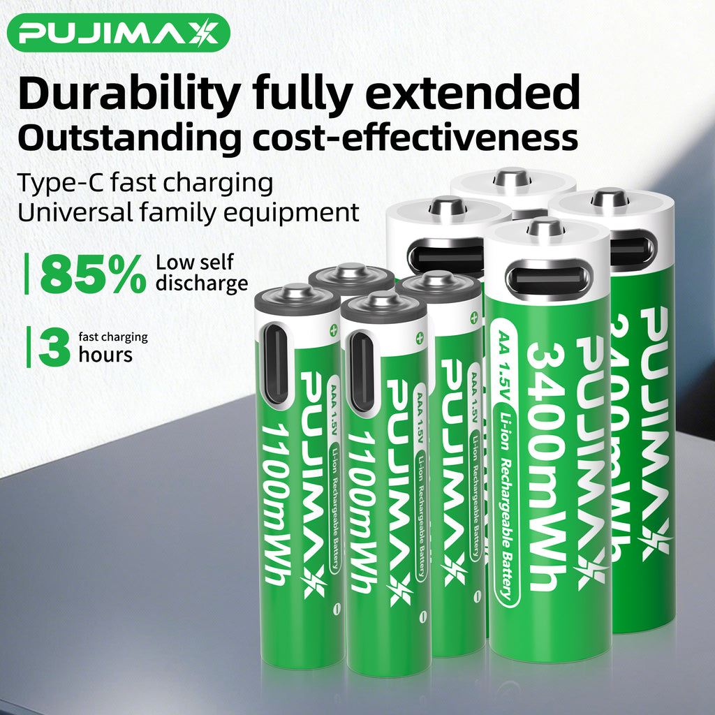【AA/AAA Rechargeable Li-ion Battery Set 】PUJIMAX AA3400mWh+AA1100mWh 1.5V lithium battery TYPE-C interface, suitable for mouse, game controller, remote control, alarm clock, flashlight, electronic scale, toy. 【 Comes with data cable and box