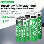 【AA/AAA Rechargeable Li-ion Battery Set 】PUJIMAX AA3400mWh+AA1100mWh 1.5V lithium battery TYPE-C interface, suitable for mouse, game controller, remote control, alarm clock, flashlight, electronic scale, toy. 【 Comes with data cable and box