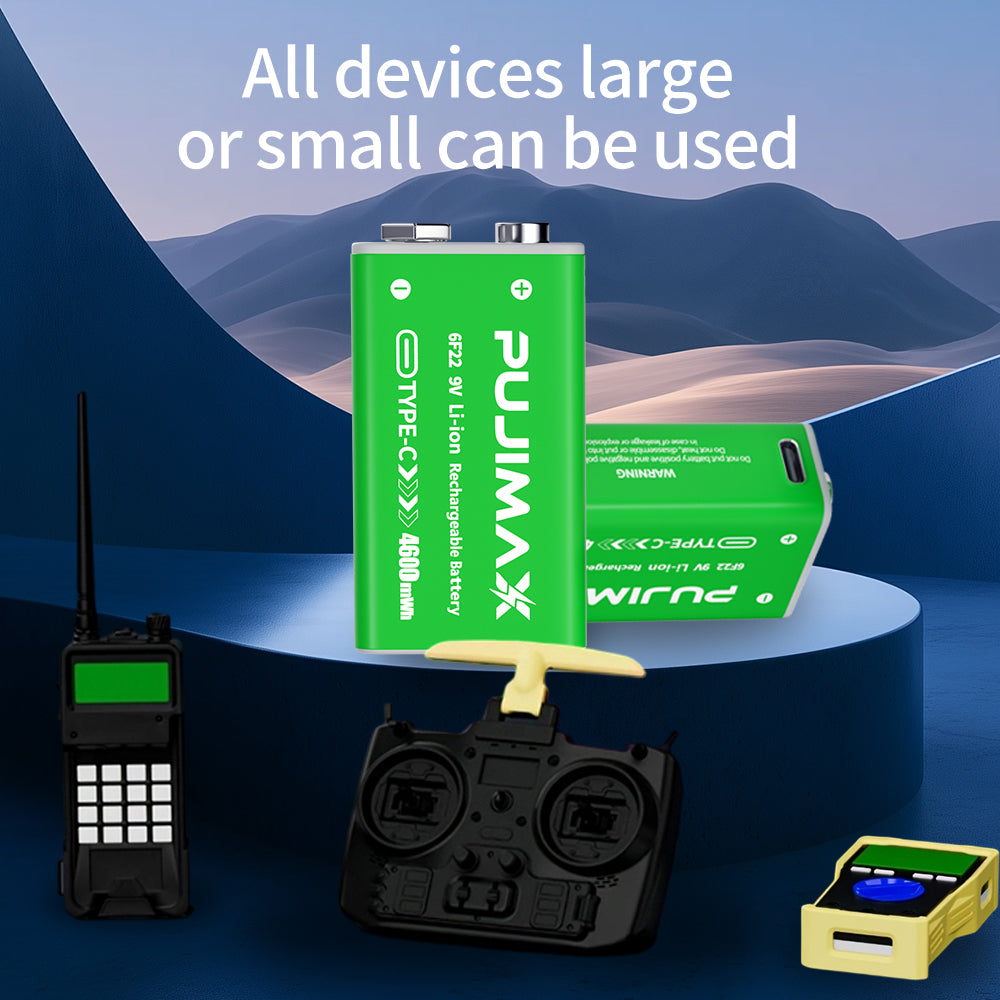 PUJIMAX 1/2/3/4/6 9V side port batteries,TC 9V li-ion rechargeable battery, high-capacity 9V 4600MWh , 1.5-hour fast charging, 1200 cycles, with Type-C charging cable, suitable for devices such as wireless microphones and multimeters
