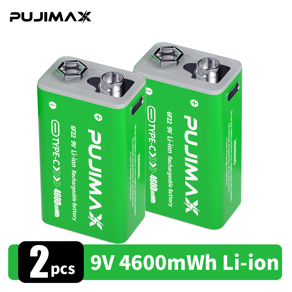 PUJIMAX 1/2/3/4/6 9V side port batteries,TC 9V li-ion rechargeable battery, high-capacity 9V 4600MWh , 1.5-hour fast charging, 1200 cycles, with Type-C charging cable, suitable for devices such as wireless microphones and multimeters