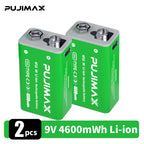 PUJIMAX 1/2/3/4/6 9V side port batteries,TC 9V li-ion rechargeable battery, high-capacity 9V 4600MWh , 1.5-hour fast charging, 1200 cycles, with Type-C charging cable, suitable for devices such as wireless microphones and multimeters