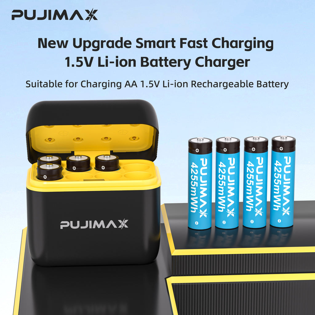 PUJIMAX AA8 rechargeable lithium battery + 8-slot charging case, 4255mWh fast charging 1.5V battery, AA and AAA charging lithium battery with integrated smart fast charging box [Only supports 1.5V rechargeable lithium battery]