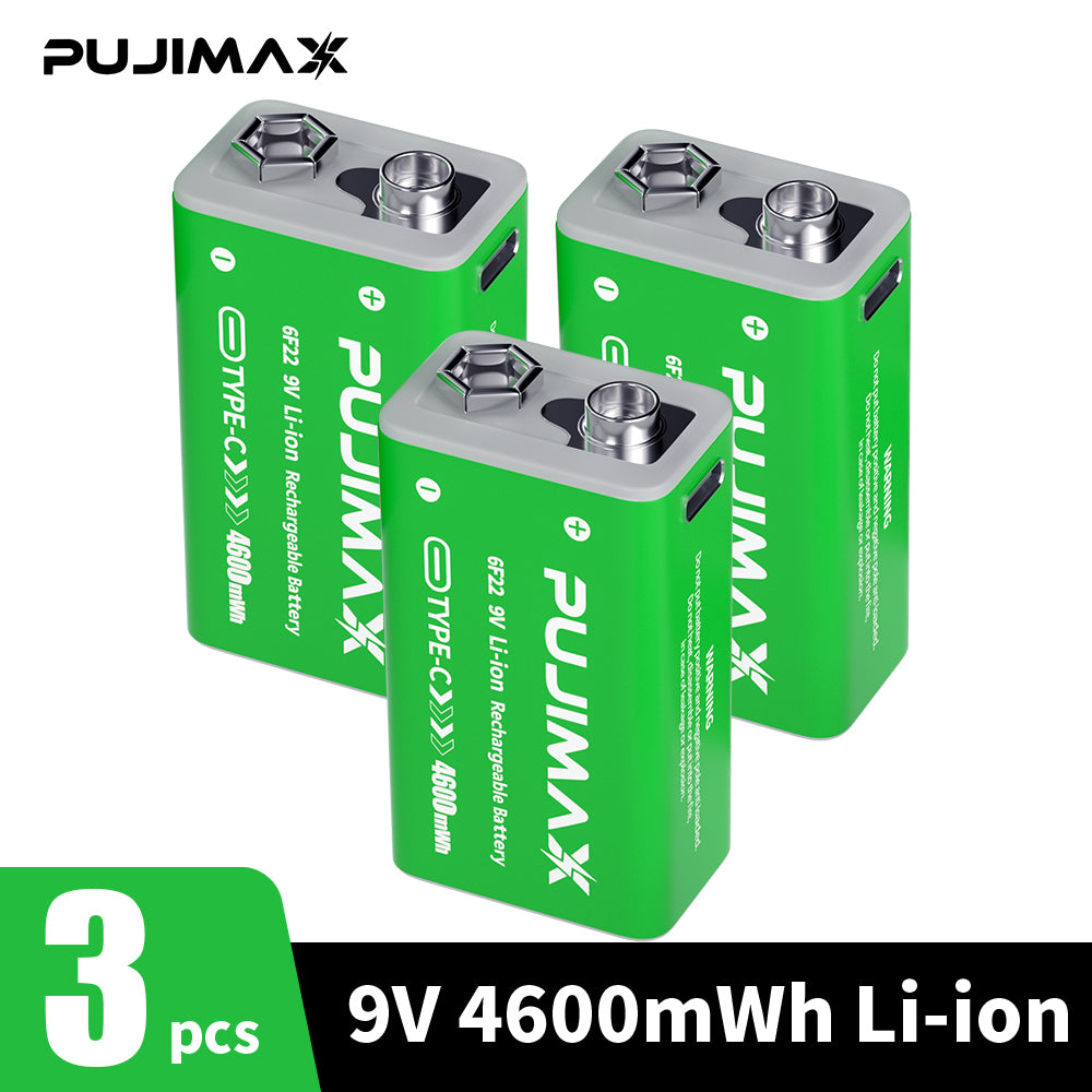 PUJIMAX 1/2/3/4/6 9V side port batteries,TC 9V li-ion rechargeable battery, high-capacity 9V 4600MWh , 1.5-hour fast charging, 1200 cycles, with Type-C charging cable, suitable for devices such as wireless microphones and multimeters