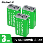 PUJIMAX 1/2/3/4/6 9V side port batteries,TC 9V li-ion rechargeable battery, high-capacity 9V 4600MWh , 1.5-hour fast charging, 1200 cycles, with Type-C charging cable, suitable for devices such as wireless microphones and multimeters