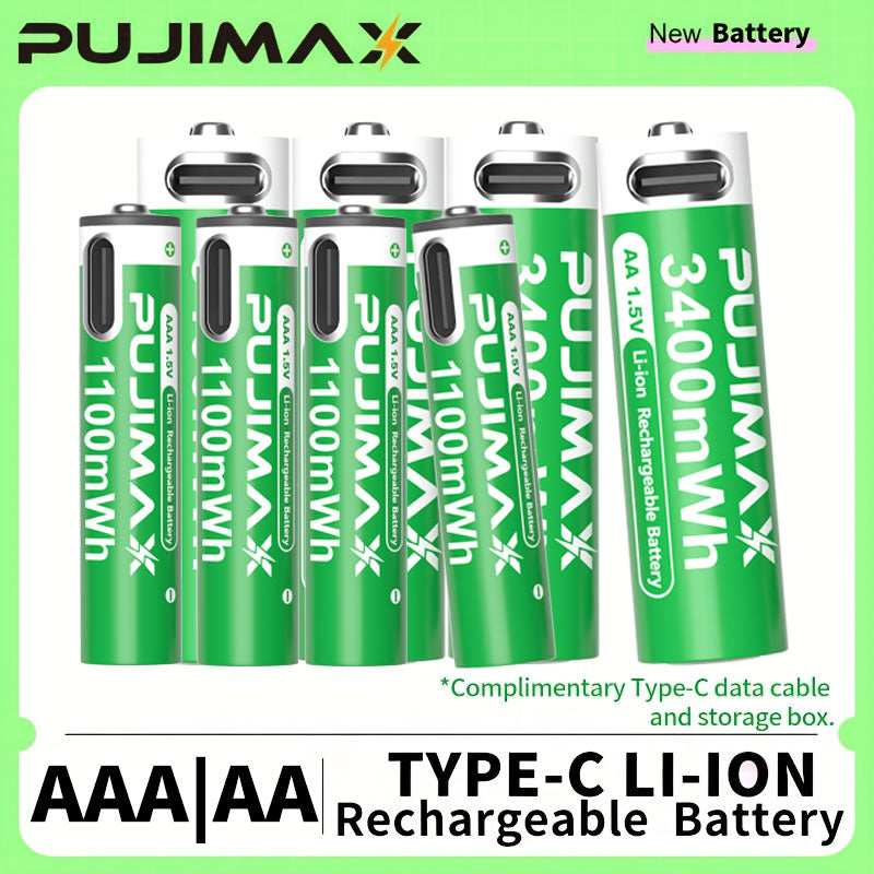 【AA/AAA Rechargeable Li-ion Battery Set 】PUJIMAX AA3400mWh+AA1100mWh 1.5V lithium battery TYPE-C interface, suitable for mouse, game controller, remote control, alarm clock, flashlight, electronic scale, toy. 【 Comes with data cable and box