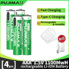 PUJIMAX 12/8/6/4 AAA lithium-ion batteries 1.5V 1100MWh capacity TYPE-C interface USB charging, suitable for mouse, game controller, remote control, audio system, alarm clock, flashlight, electronic scale, toys. [Comes with data cable and box]