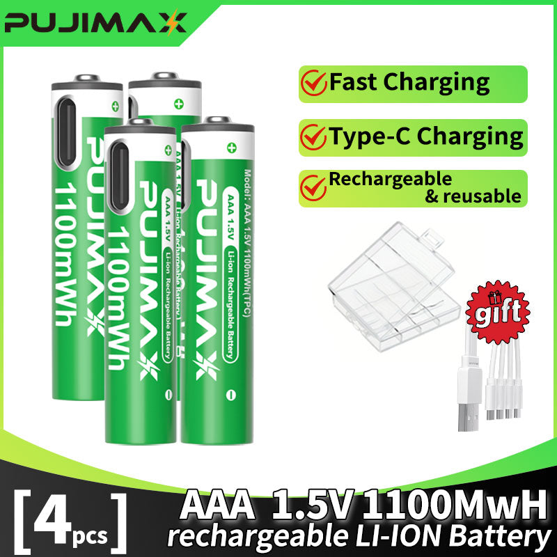 PUJIMAX 12/8/6/4 AAA lithium-ion batteries 1.5V 1100MWh capacity TYPE-C interface USB charging, suitable for mouse, game controller, remote control, audio system, alarm clock, flashlight, electronic scale, toys. [Comes with data cable and box]
