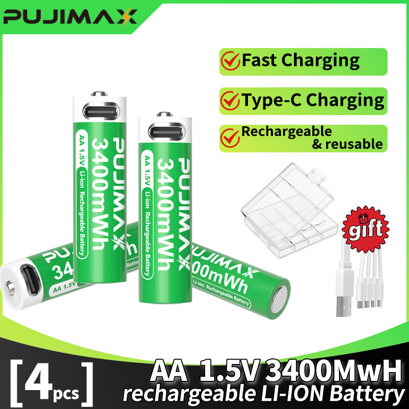 PUJIMAX 12/8/6/4 AA lithium-ion batteries 1.5V 3400MWh capacity TYPE-C interface USB charging, suitable for mouse, game controller, remote control, audio system, alarm clock, flashlight, electronic scale, toys. [Comes with data cable and box]