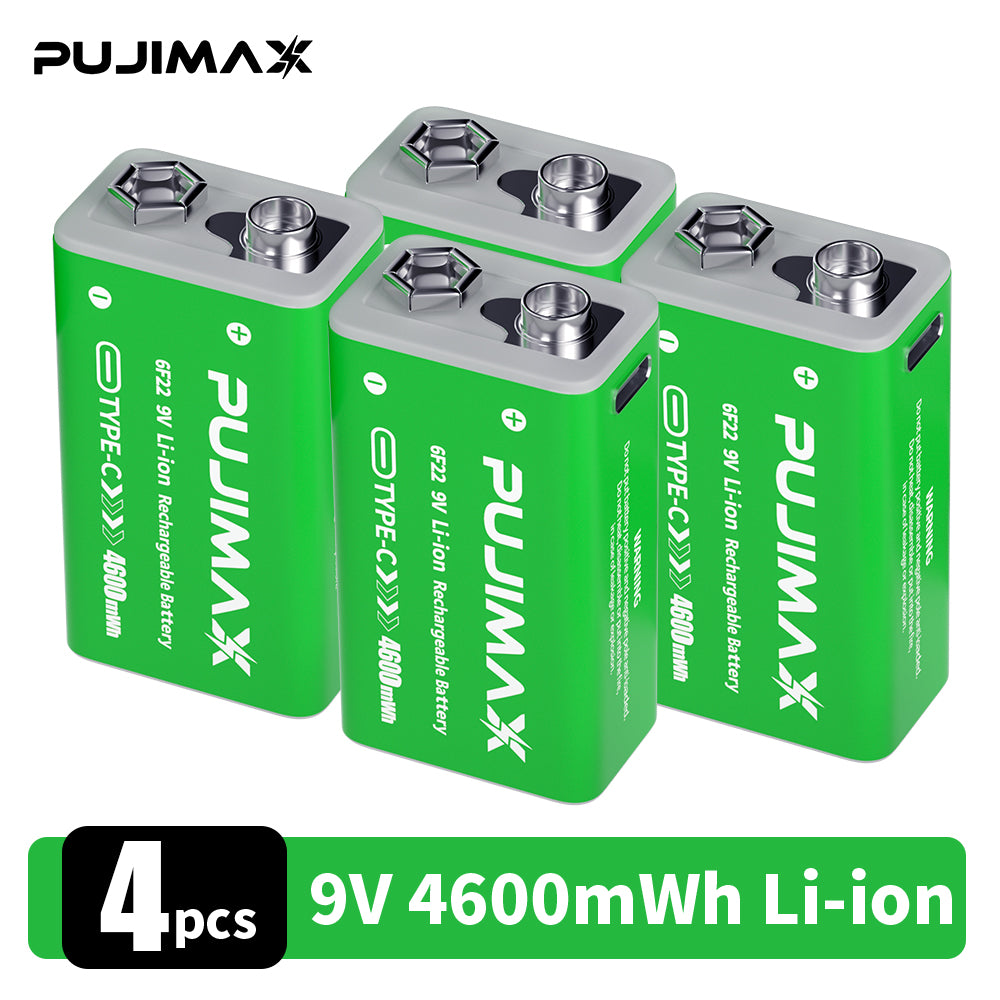 PUJIMAX 1/2/3/4/6 9V side port batteries,TC 9V li-ion rechargeable battery, high-capacity 9V 4600MWh , 1.5-hour fast charging, 1200 cycles, with Type-C charging cable, suitable for devices such as wireless microphones and multimeters