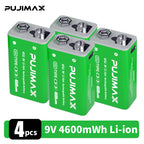 PUJIMAX 1/2/3/4/6 9V side port batteries,TC 9V li-ion rechargeable battery, high-capacity 9V 4600MWh , 1.5-hour fast charging, 1200 cycles, with Type-C charging cable, suitable for devices such as wireless microphones and multimeters