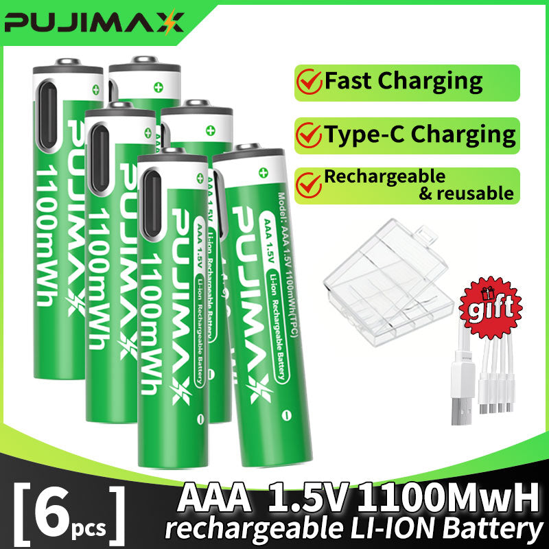 PUJIMAX 12/8/6/4 AAA lithium-ion batteries 1.5V 1100MWh capacity TYPE-C interface USB charging, suitable for mouse, game controller, remote control, audio system, alarm clock, flashlight, electronic scale, toys. [Comes with data cable and box]