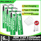 PUJIMAX 12/8/6/4 AAA lithium-ion batteries 1.5V 1100MWh capacity TYPE-C interface USB charging, suitable for mouse, game controller, remote control, audio system, alarm clock, flashlight, electronic scale, toys. [Comes with data cable and box]
