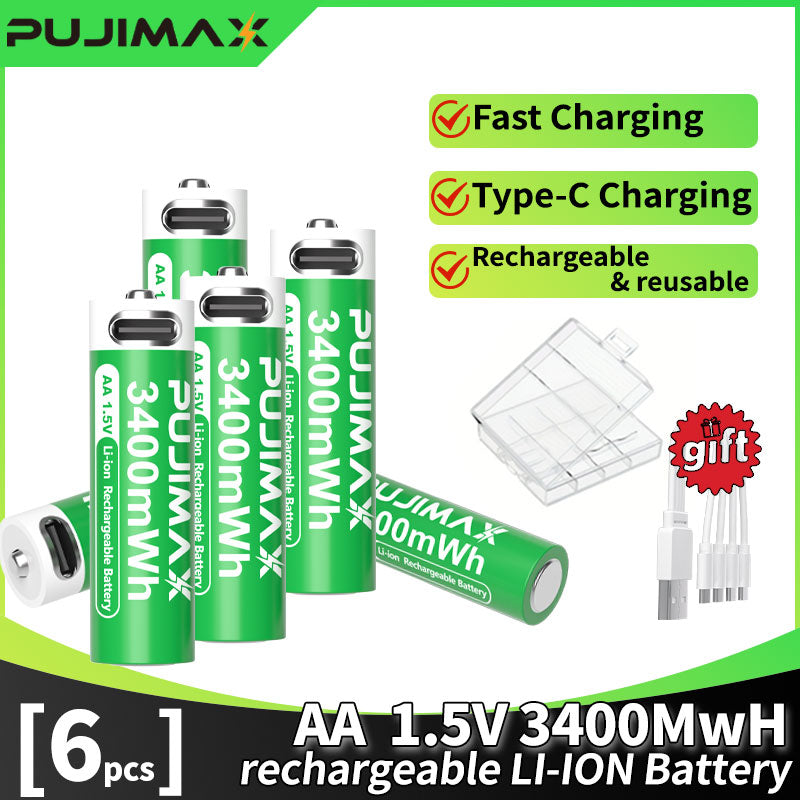 PUJIMAX 12/8/6/4 AA lithium-ion batteries 1.5V 3400MWh capacity TYPE-C interface USB charging, suitable for mouse, game controller, remote control, audio system, alarm clock, flashlight, electronic scale, toys. [Comes with data cable and box]