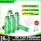 PUJIMAX 12/8/6/4 AA lithium-ion batteries 1.5V 3400MWh capacity TYPE-C interface USB charging, suitable for mouse, game controller, remote control, audio system, alarm clock, flashlight, electronic scale, toys. [Comes with data cable and box]