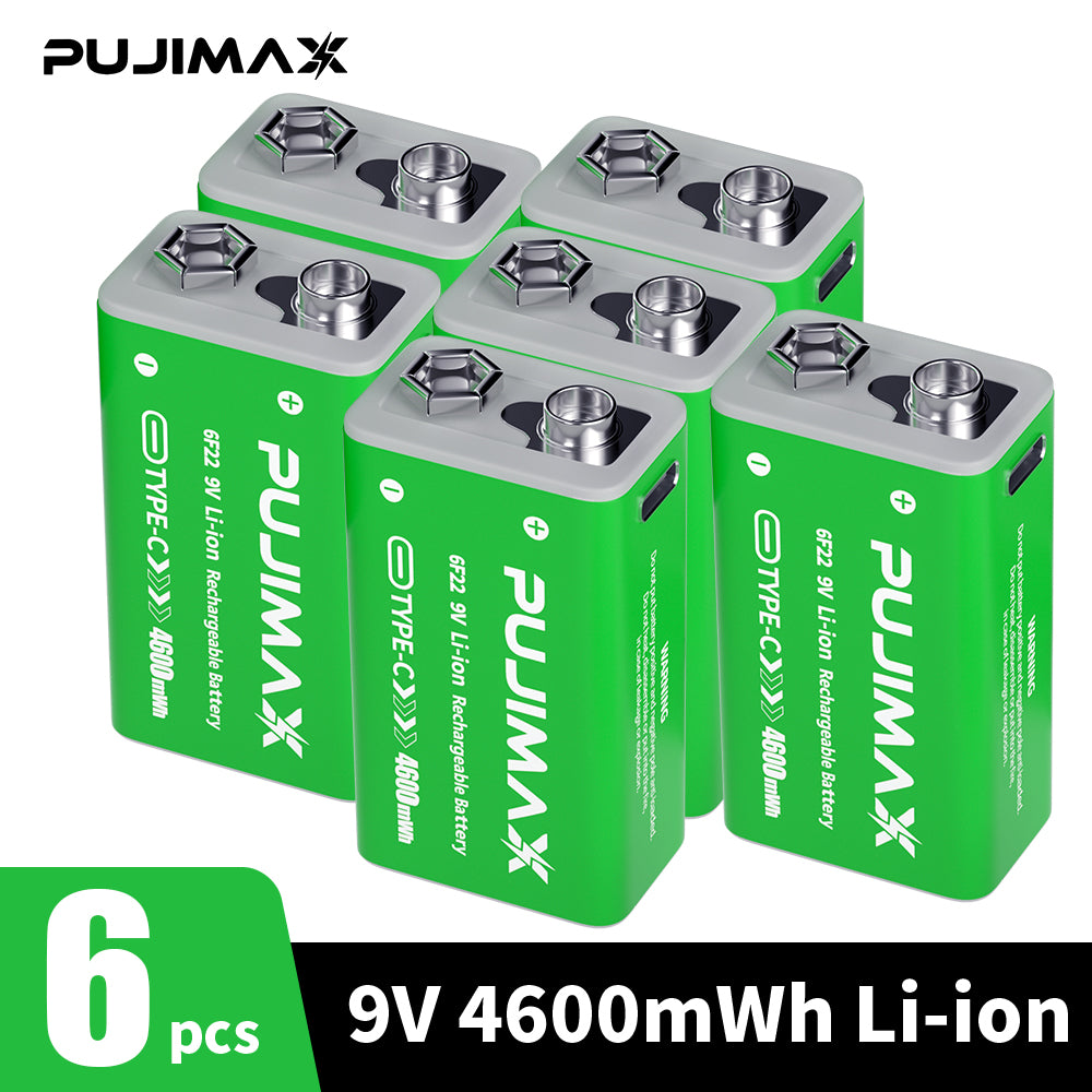 PUJIMAX 1/2/3/4/6 9V side port batteries,TC 9V li-ion rechargeable battery, high-capacity 9V 4600MWh , 1.5-hour fast charging, 1200 cycles, with Type-C charging cable, suitable for devices such as wireless microphones and multimeters