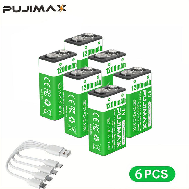PUJIMAX 4/6/8 Pack 9V Lithium Batteries, 1200mAh, Type-C Charging, Stable Voltage, Durable, Remote Controls, Instruments, Doorbells, Multimeters, Microphones - Rechargeable Lithium Batteries. Main Image