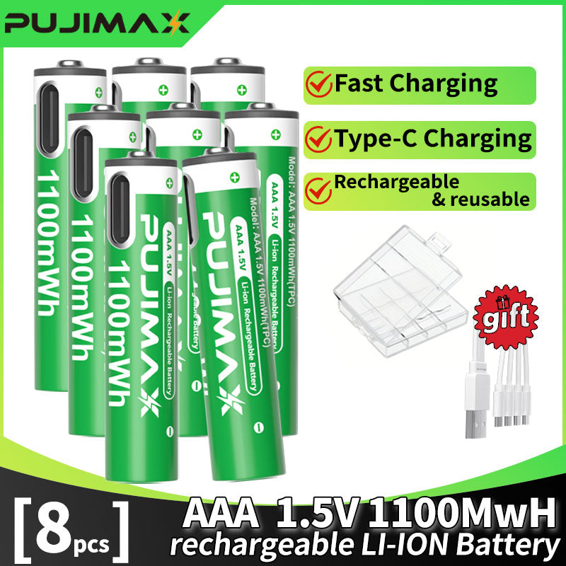 PUJIMAX 12/8/6/4 AAA lithium-ion batteries 1.5V 1100MWh capacity TYPE-C interface USB charging, suitable for mouse, game controller, remote control, audio system, alarm clock, flashlight, electronic scale, toys. [Comes with data cable and box]