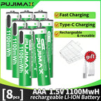PUJIMAX 12/8/6/4 AAA lithium-ion batteries 1.5V 1100MWh capacity TYPE-C interface USB charging, suitable for mouse, game controller, remote control, audio system, alarm clock, flashlight, electronic scale, toys. [Comes with data cable and box]