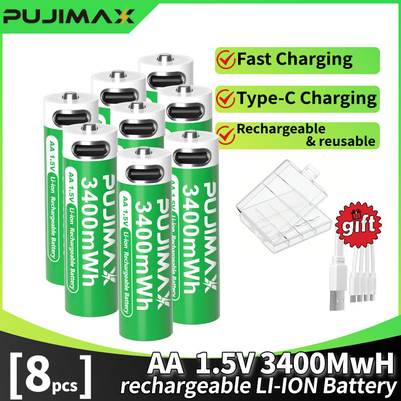 PUJIMAX 12/8/6/4 AA lithium-ion batteries 1.5V 3400MWh capacity TYPE-C interface USB charging, suitable for mouse, game controller, remote control, audio system, alarm clock, flashlight, electronic scale, toys. [Comes with data cable and box]