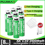 PUJIMAX 12/8/6/4 AA lithium-ion batteries 1.5V 3400MWh capacity TYPE-C interface USB charging, suitable for mouse, game controller, remote control, audio system, alarm clock, flashlight, electronic scale, toys. [Comes with data cable and box]