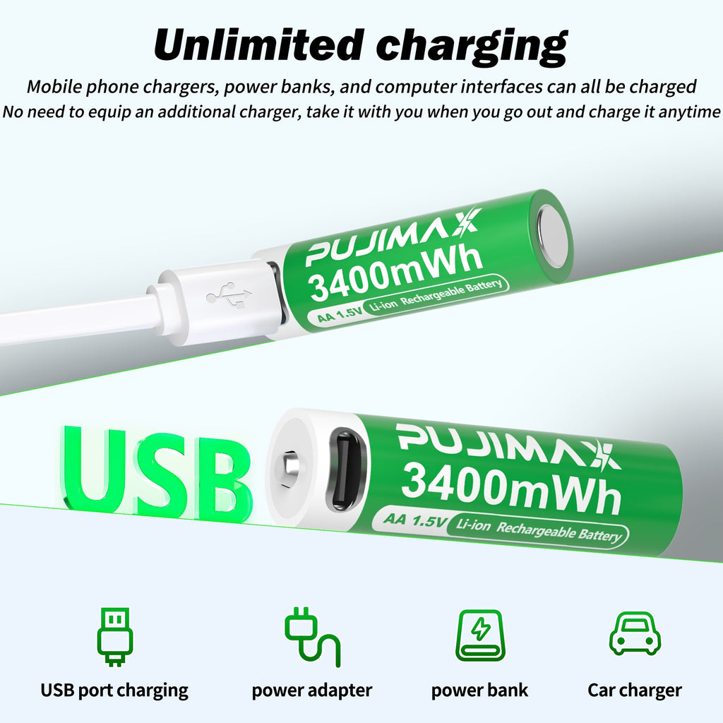 PUJIMAX 12/8/6/4 AA lithium-ion batteries 1.5V 3400MWh capacity TYPE-C interface USB charging, suitable for mouse, game controller, remote control, audio system, alarm clock, flashlight, electronic scale, toys. [Comes with data cable and box]