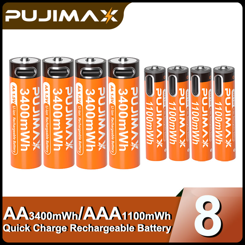 【AA/AAA Rechargeable Li-ion Battery Set 】PUJIMAX AA3400mWh+AA1100mWh 1.5V lithium battery TYPE-C interface, suitable for mouse, game controller, remote control, alarm clock, flashlight, electronic scale, toy. 【 Comes with data cable and box