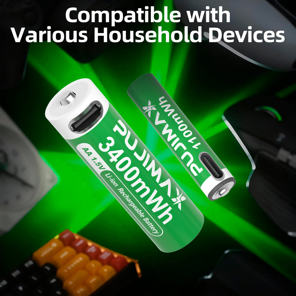 【AA/AAA Rechargeable Li-ion Battery Set 】PUJIMAX AA3400mWh+AA1100mWh 1.5V lithium battery TYPE-C interface, suitable for mouse, game controller, remote control, alarm clock, flashlight, electronic scale, toy. 【 Comes with data cable and box