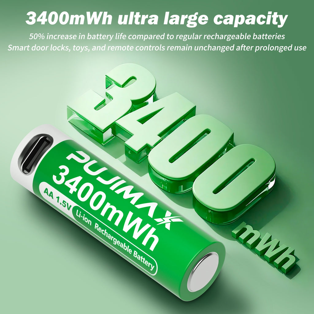 PUJIMAX 12/8/6/4 AA lithium-ion batteries 1.5V 3400MWh capacity TYPE-C interface USB charging, suitable for mouse, game controller, remote control, audio system, alarm clock, flashlight, electronic scale, toys. [Comes with data cable and box]
