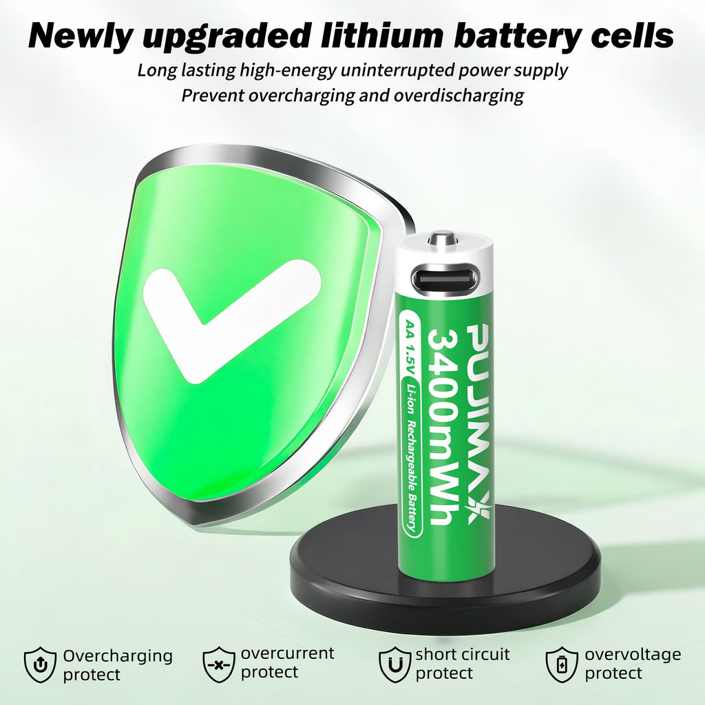 PUJIMAX 12/8/6/4 AA lithium-ion batteries 1.5V 3400MWh capacity TYPE-C interface USB charging, suitable for mouse, game controller, remote control, audio system, alarm clock, flashlight, electronic scale, toys. [Comes with data cable and box]