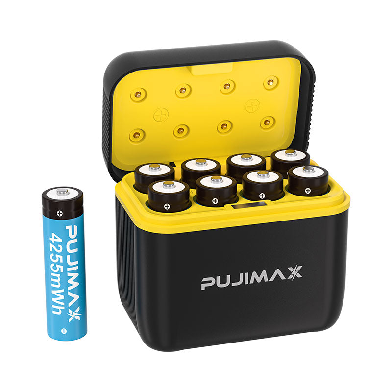 PUJIMAX AA8 rechargeable lithium battery + 8-slot charging case, 4255mWh fast charging 1.5V battery, AA and AAA charging lithium battery with integrated smart fast charging box [Only supports 1.5V rechargeable lithium battery]
