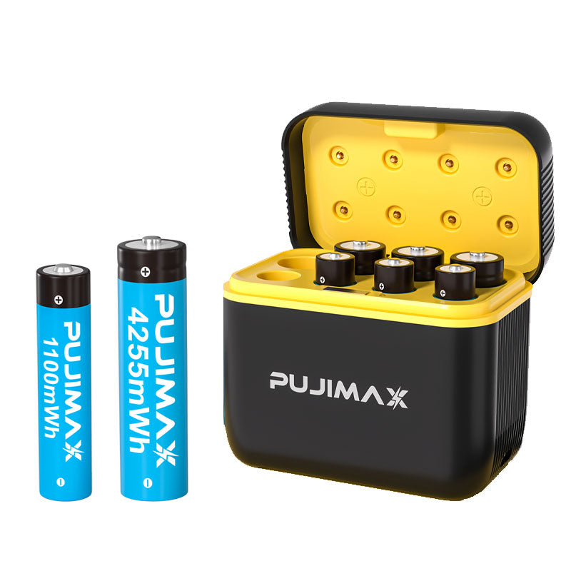 PUJIMAX AA4+AAA4 rechargeable lithium battery + 8-slot charging case, 4255mWh and 1100mWh fast charging 1.5V battery, AA and AAA charging lithium battery with integrated smart fast charging box [Only supports 1.5V rechargeable lithium battery]