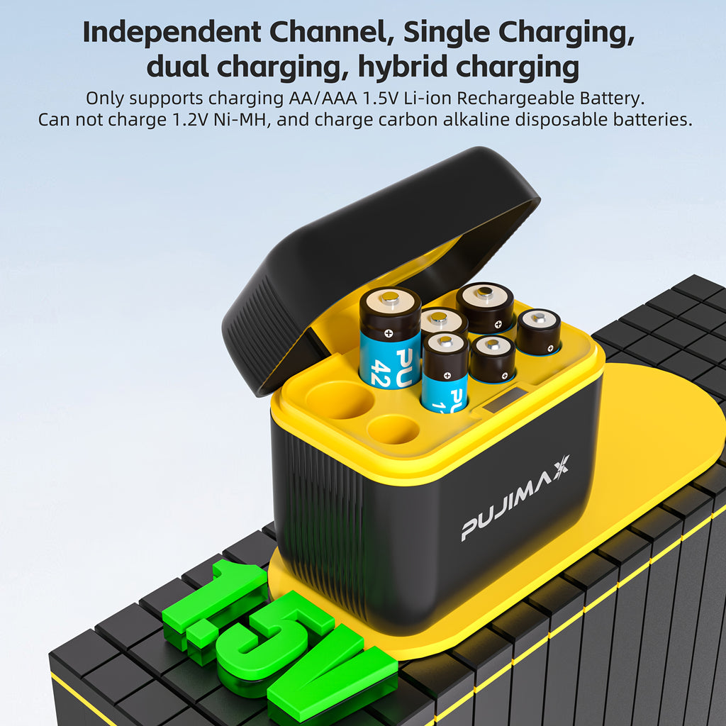 PUJIMAX AA4+AAA4 rechargeable lithium battery + 8-slot charging case, 4255mWh and 1100mWh fast charging 1.5V battery, AA and AAA charging lithium battery with integrated smart fast charging box [Only supports 1.5V rechargeable lithium battery]
