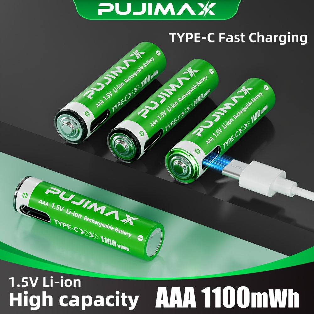 PUJIMAX 12/8/6/4 AAA lithium-ion batteries 1.5V 1100MWh capacity TYPE-C interface USB charging, suitable for mouse, game controller, remote control, audio system, alarm clock, flashlight, electronic scale, toys. [Comes with data cable and box]