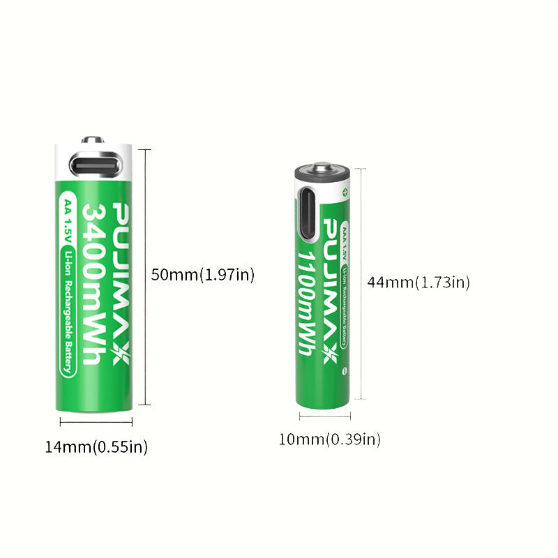 【AA/AAA Rechargeable Li-ion Battery Set 】PUJIMAX AA3400mWh+AA1100mWh 1.5V lithium battery TYPE-C interface, suitable for mouse, game controller, remote control, alarm clock, flashlight, electronic scale, toy. 【 Comes with data cable and box