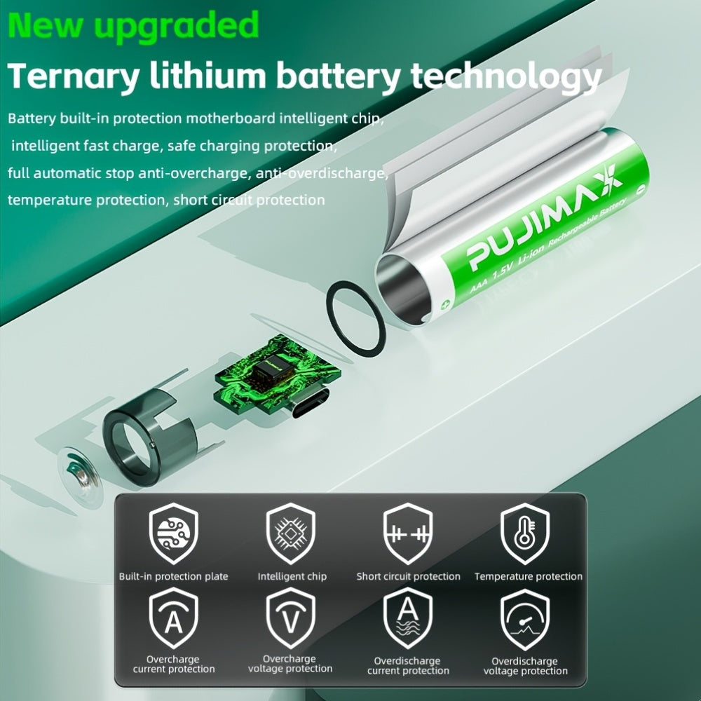 PUJIMAX 12/8/6/4 AAA lithium-ion batteries 1.5V 1100MWh capacity TYPE-C interface USB charging, suitable for mouse, game controller, remote control, audio system, alarm clock, flashlight, electronic scale, toys. [Comes with data cable and box]